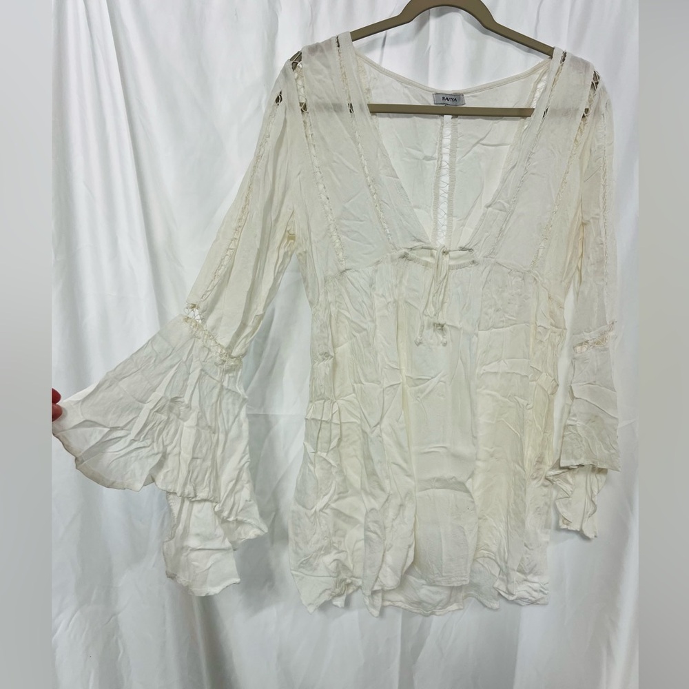 Raviya swim cover up solid white long bell sleeve hippie festival dress size S